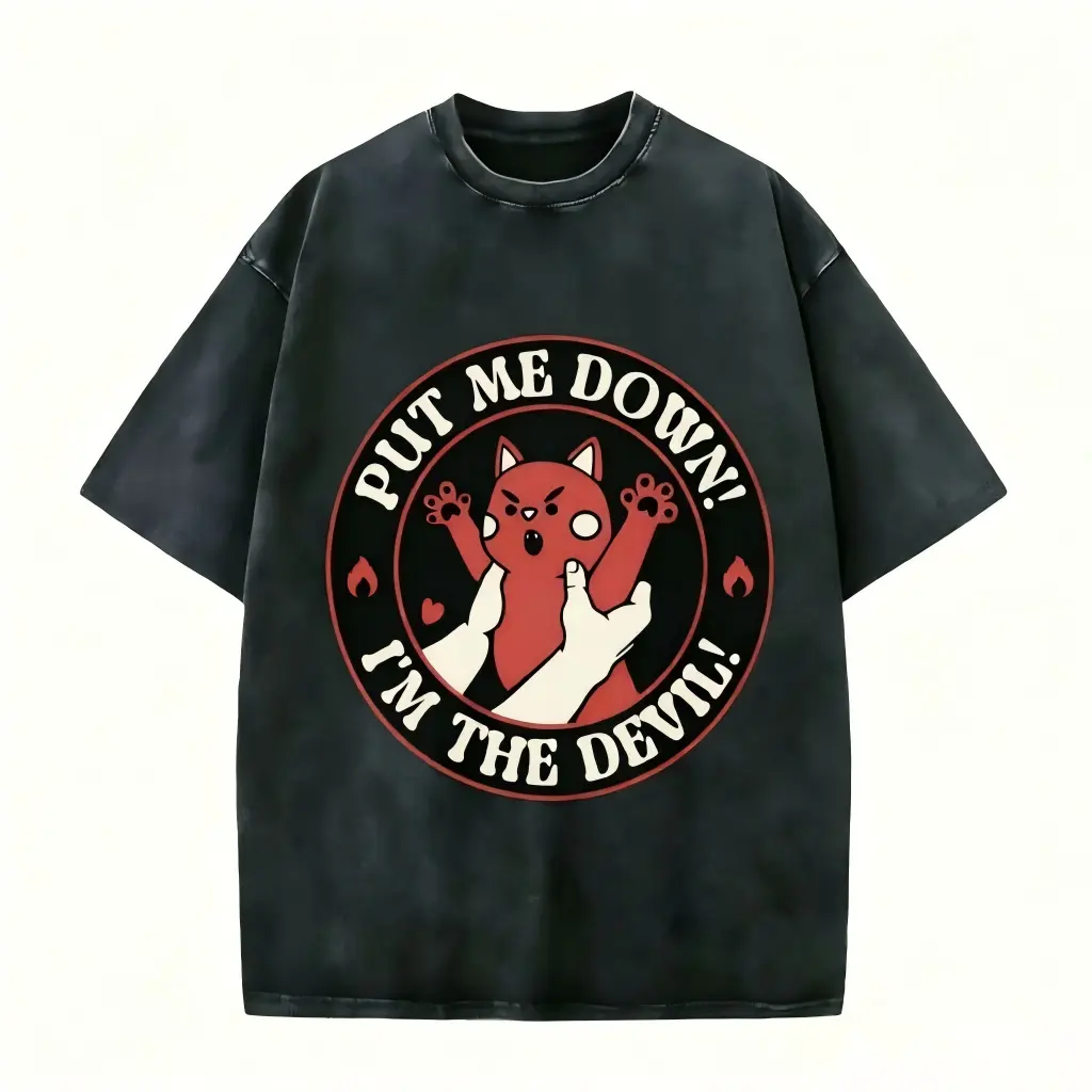 Fierce Devil Cat vintage tee with angry red cat and bold circular graphic. Washed cotton for meme fashion, cat lovers, demoncore, Y2K grunge & edgy streetwear.