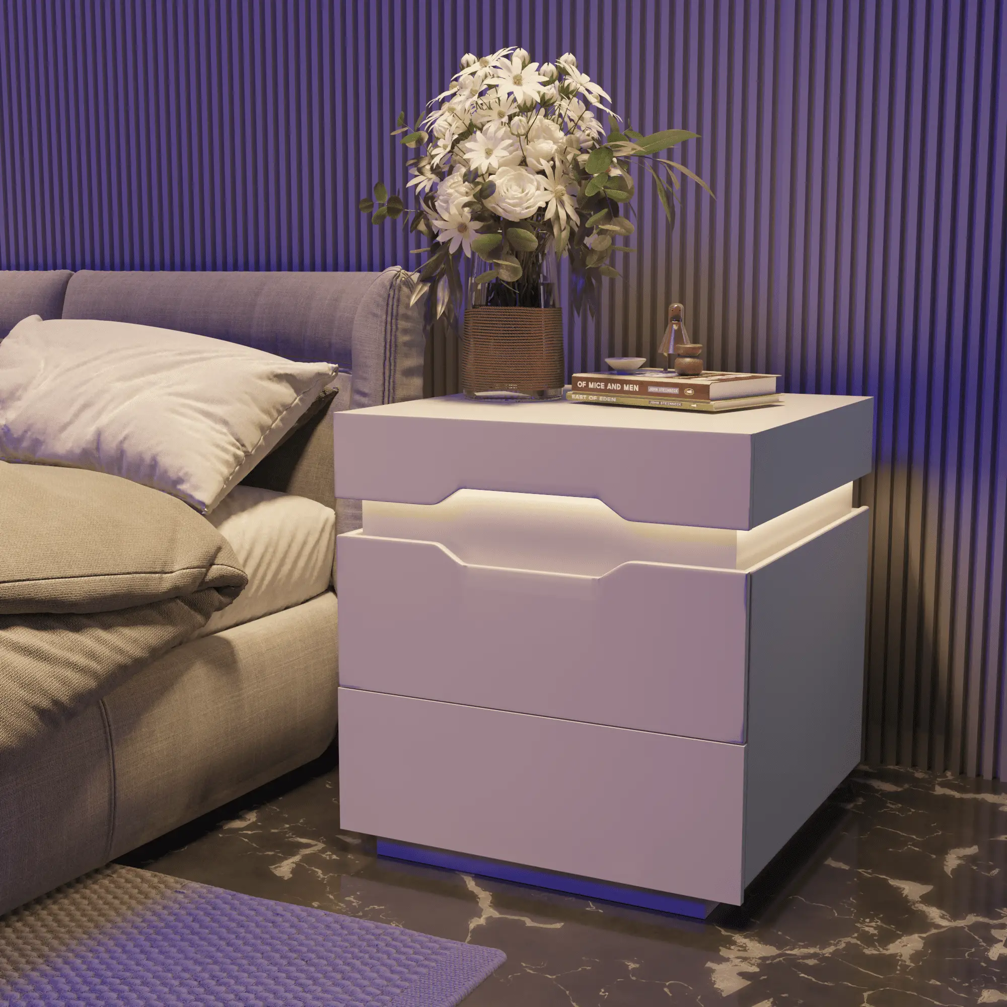 HOMALL Nightstand 2/3 Drawers Led Bedside End Tale with Remote and Charging Ports, White