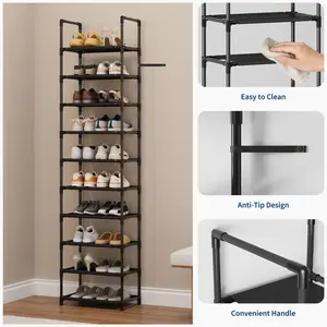 10 Tier Metal Shoe Rack Organizer, Space Saving Tall Corner Shoe Storage Stand with Removable Fabric Shelves, Sturdy Metal Frame for Closet Entryway or Living Room, 13 by 13 by 68 Inches