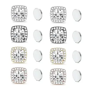 Dazzling Magnetic Stainless Steel CZ Square Halo Stud Earrings for Unisex, Rounded Square Cubic Zirconia Inlaid Magnetic Earrings Non-Piercing Clip On Studs