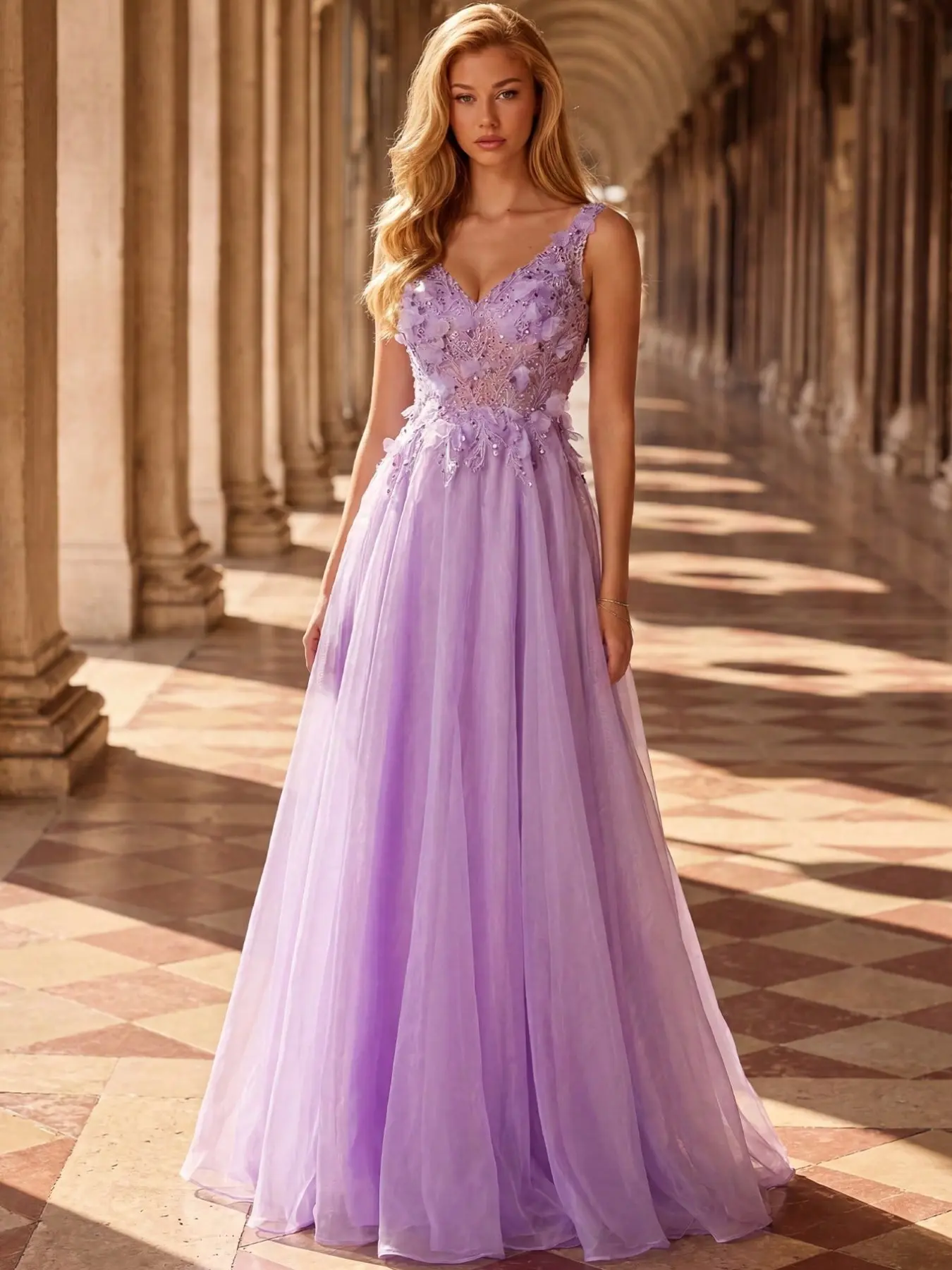 Elegant Lavender Floral Embroidered V-Neck Sleeveless Mesh Long Dress, Party Formal Evening Gown, Wedding Bridesmaid, Graduation Dance Dress