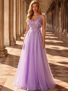 Elegant Lavender Floral Embroidered V-Neck Sleeveless Mesh Long Dress, Party Formal Evening Gown, Wedding Bridesmaid, Graduation Dance Dress