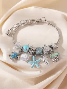 Ocean Themed Charm Bracelet, Cute Turtle & Starfish & Shell & Jellyfish Design Adjustable Bracelet, Fashion Jewelry Accessories for Women & Girls