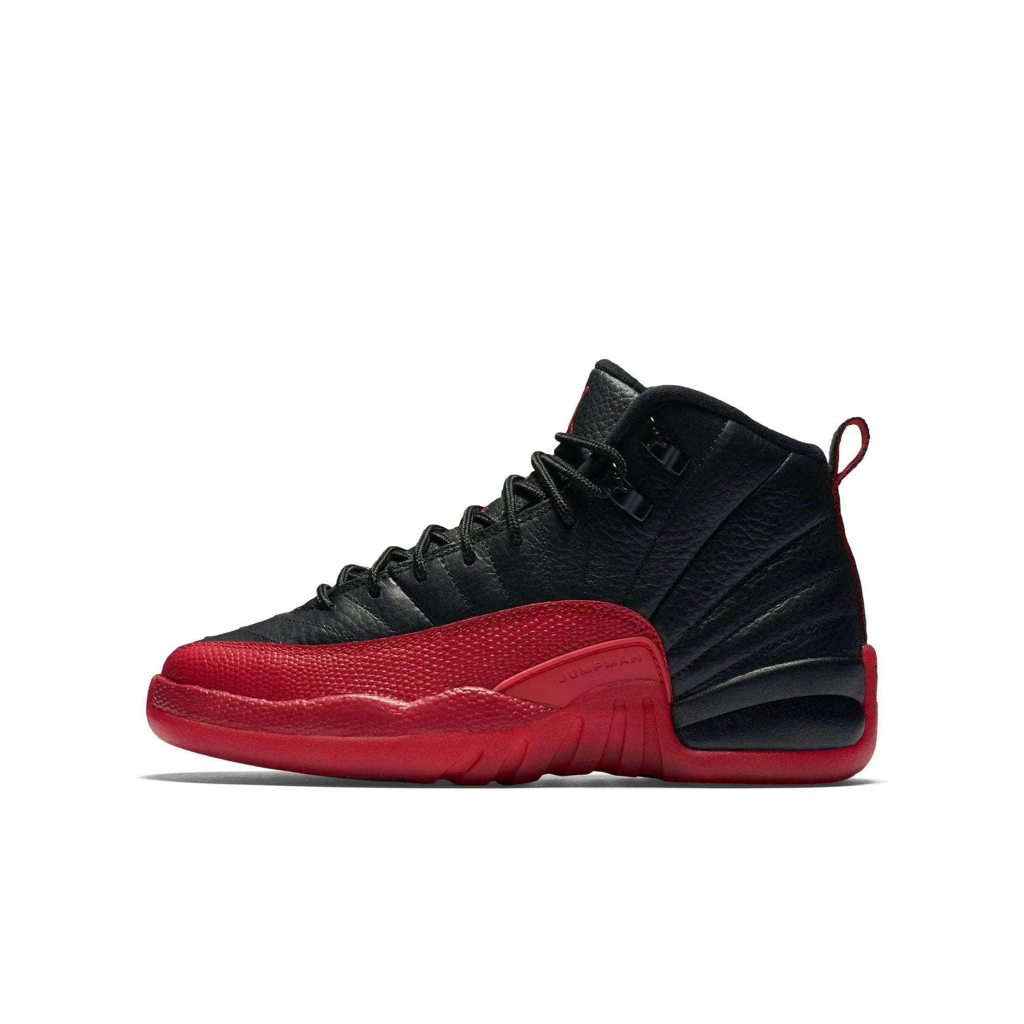 Air Jordan 12 Retro "Flu Game" Basketball Shoes, Leather Sports Shoes with Radial Stitching, Herringbone Traction, Foam Cushioning & Snug Fit, Laces, Available In Black And Varsity Red, Durable Laces, Indoor, Radial Stitch Lines