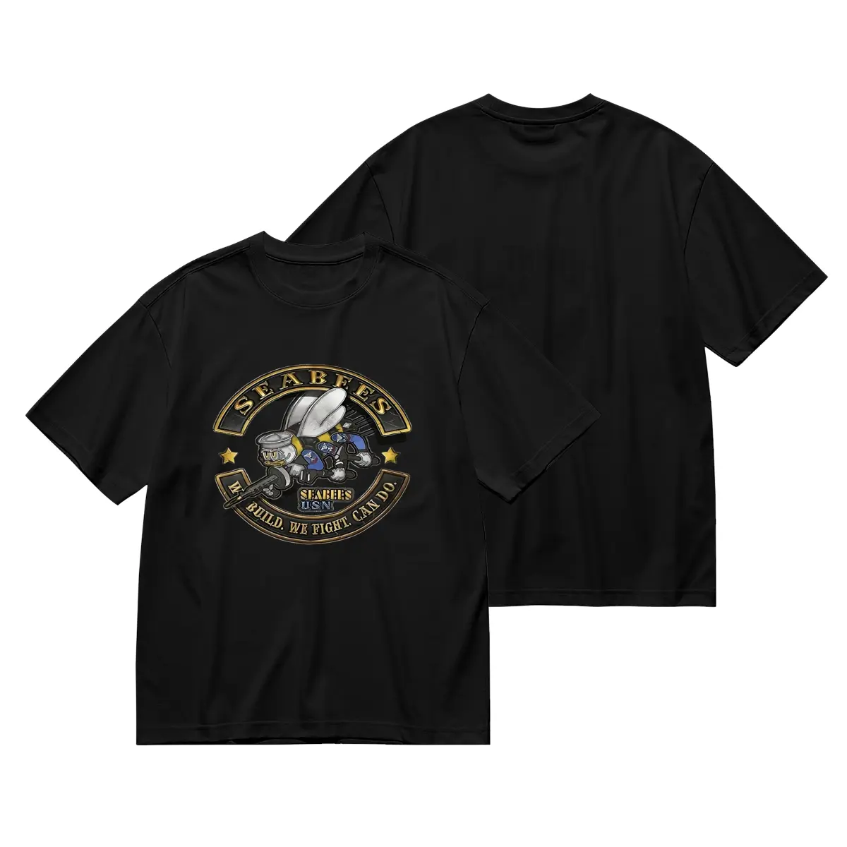 Men's Us Navy Seabees Motorcycle Club Vintage Military Biker Graphic T-Shirt, Heavyweight Heat Transfer Printed Casual Gift Tee for Bikers & Workers