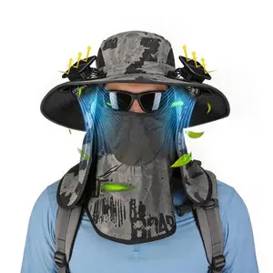 2 In 1 Solar Fan Hat UPF50+ Sun Hat With Fans Wide Brim Fishing Hat with Face Cover Neck Flap Solar USB Charging for Hiking Gardening Outdoor Work