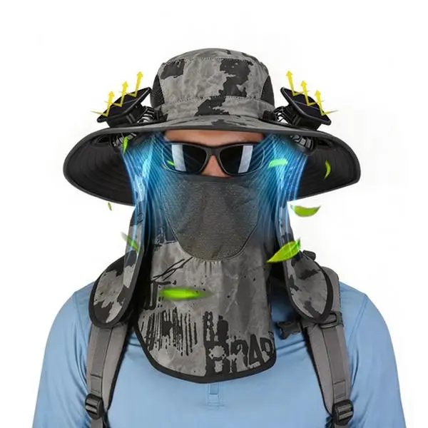 2 In 1 Solar Fan Hat UPF50+ Sun Hat With Fans Wide Brim Fishing Hat with Face Cover Neck Flap Solar USB Charging for Hiking Gardening Outdoor Work