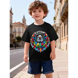 Autism Awareness puzzle pieces eagle Novelty Aesthetic Graphic Kids' Quick Dry Moisture-Wicking T-Shirt, Breathable Lightweight Athletic Tee for Boys Outdoor Sports