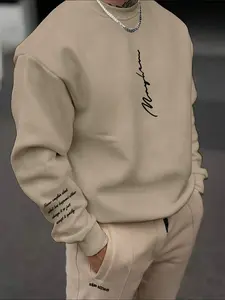 Men's Long Sleeve Round Neck Fleece Pullover Sweatshirt, Fashion Letter Print Graphic Fitted Casual Winter Top, Warm Basic Layer, Multiple Colors Available