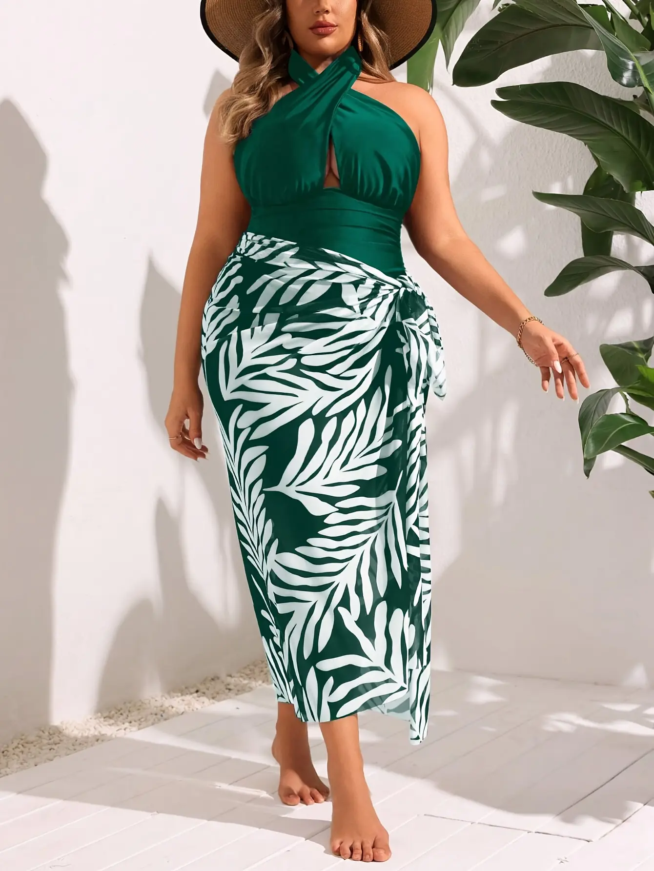 Women's Plus Size One Piece Swimsuit Set Emerald Green Cross Front with Palm Leaf Sarong Wrap Skirt, Two Piece Sets, High Stretch
