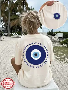 [Double-Sided Print]Summer Loose Casual Women's Top, Pop Style, Evil Eye, Ring, "TO SENDER MAY ALL NEGATIVE ENERGY" Print, Round Neck, Short Sleeve, Drop Shoulder, Oversized Pure Cotton T-Shirt, 100% Cotton, Summer Tops