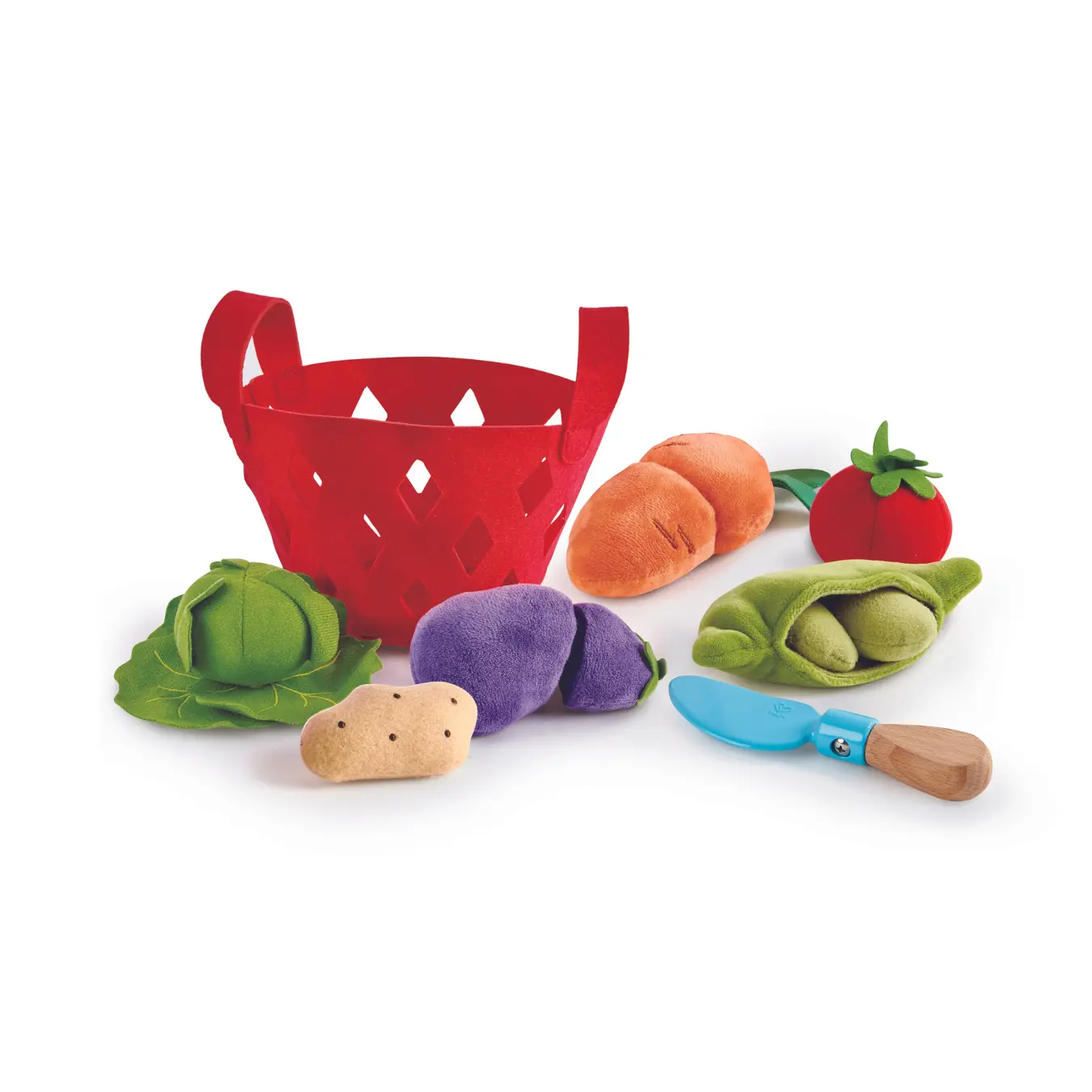 Hape Toddler Vegetable Basket Pretend Play Toy Kit - 6 Soft Squishable Felt Vegetables (Potato, Eggplant, Cabbage, Bean Pod), Sensory Toy for Kitchen Pretend Play, Tactile Exploration & Fine Motor Skills Development