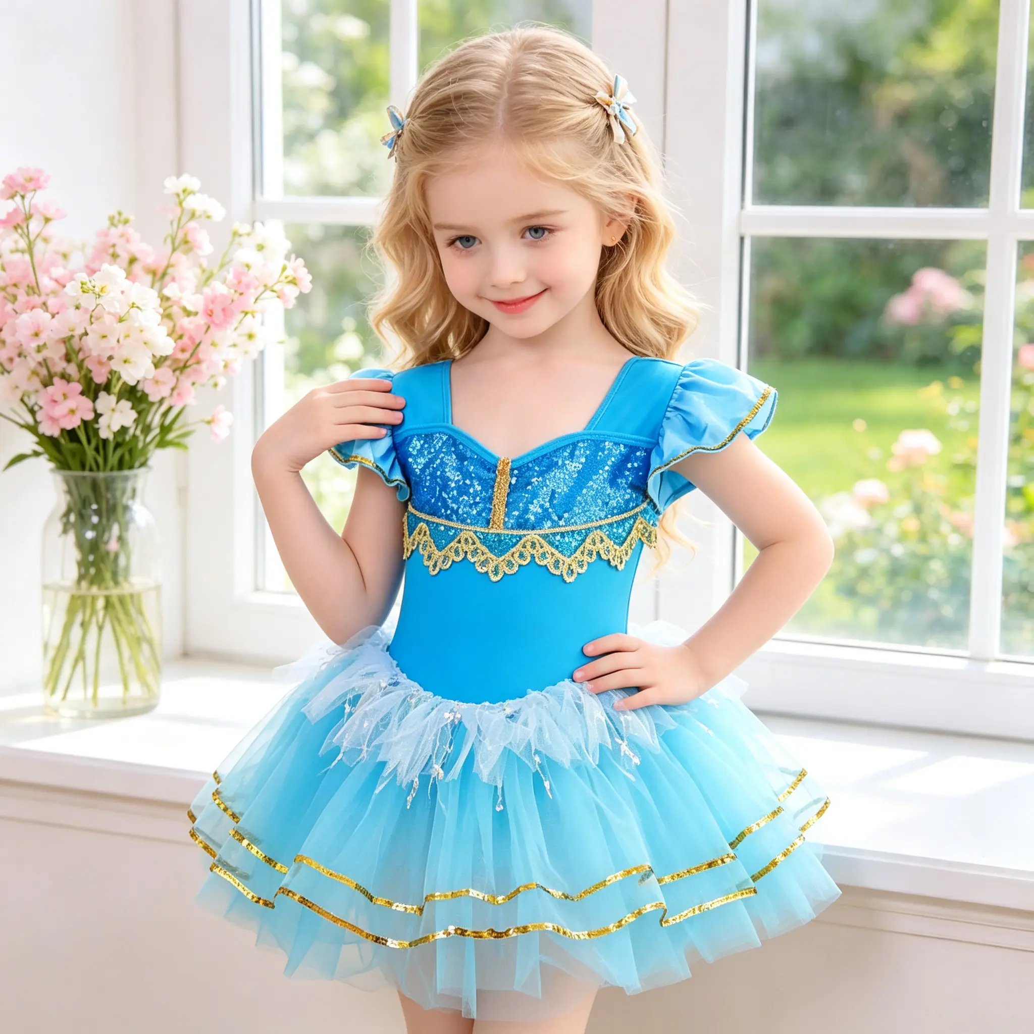 Girls Blue Sequin Ballet Tutu Dress, Ruffle Short Sleeve Princess Ballerina Leotard, Gold Trim Tulle Dance Costume for Birthday Party Stage Performance
