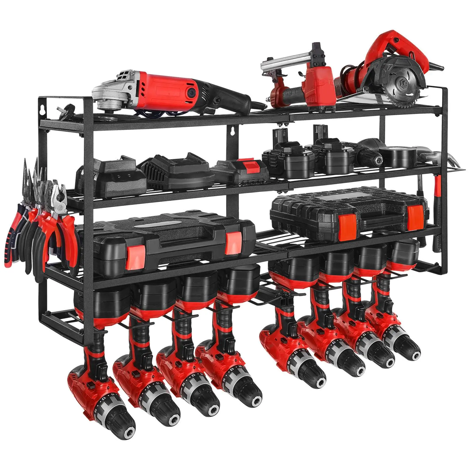 【Auction】VEVOR Wall Mount Durable Tool Racks & Bars, 4-Layer Organizer with 8 Drill & Screwdriver Holders, 3 Shelf Zones, 100+ Item Capacity, 240 lbs Load Limit, 36.56x7.87x16.54 in for Garage & Workbench, Cordless Gear Storage