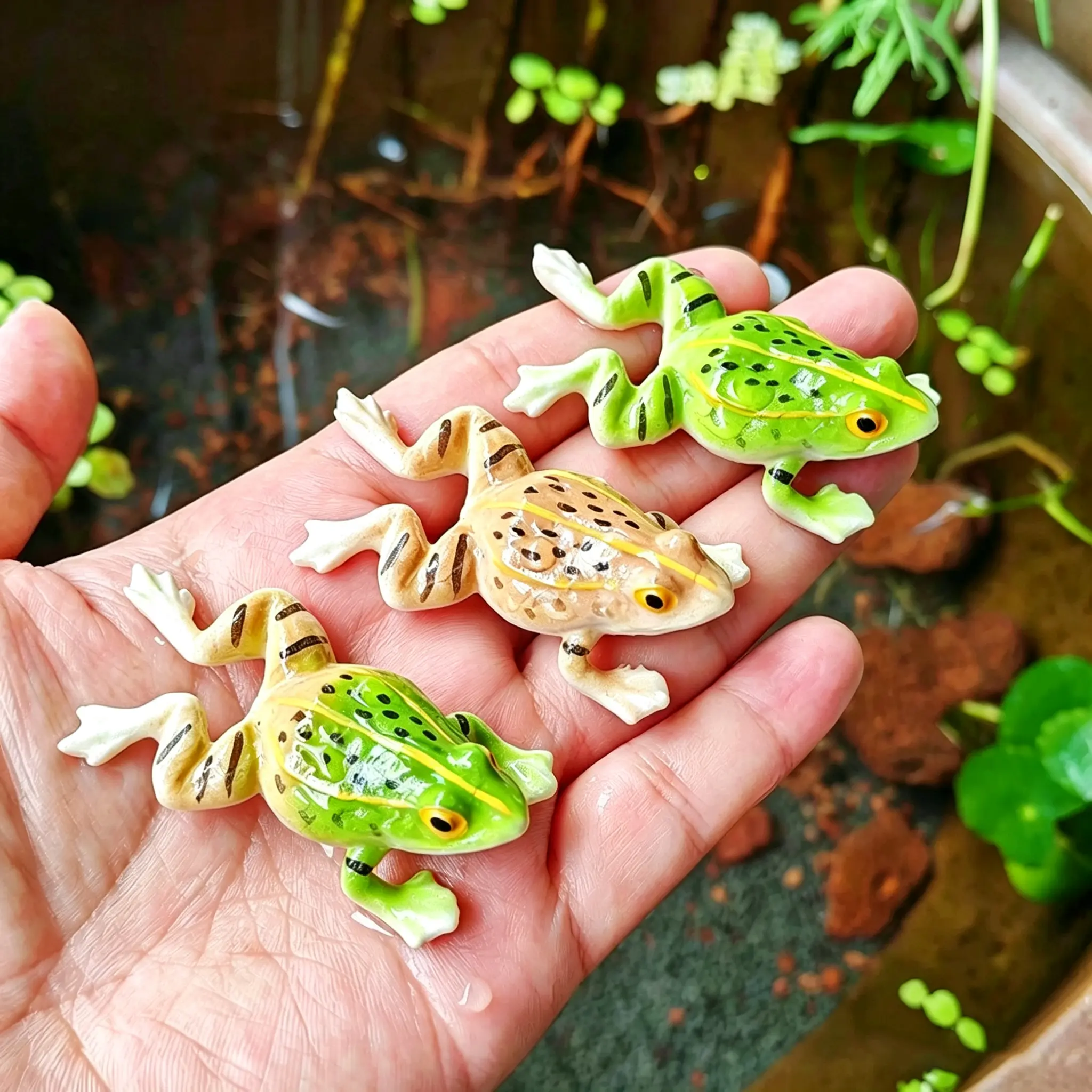 Set of 3 floating realistic frogs, aquarium decor, small garden ornament, fish tank landscape decoration