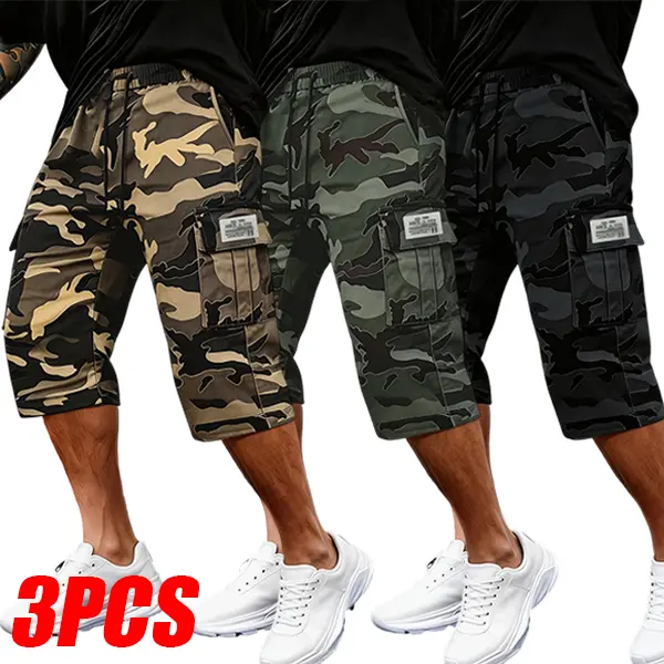 Men's 3-Pack Camouflage Cargo Shorts - Military Style, Tactical Pockets, Mid-Thigh Length, Loose Fit, Adjustable Drawstring Waist, Camo Vibes, Casual for Everyday Wear, Outdoor Activities, Father's Day Gifts, Baggy Shorts, Camo Print, Army Camo Men's Shor