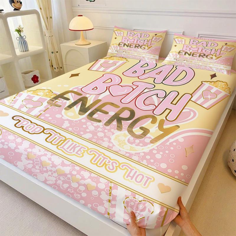 Bad B♥TCH ENERGY Theme Bed Sheet, Fruit/Dessert Pattern Bedding Set, Soft, Comfortable and Easy to Care for Bedding, Made of Allergy Resistant Material All Year Round, Including 1 Bed Sheet and 2 Pillowcases
