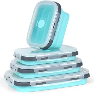 Set of 4 Foldable Silicone Food Storage Boxes, Leak-Proof Lunch Containers with Sealed Plastic Lids, Microwave Safe, Dishwasher Friendly, Stackable Food Containers