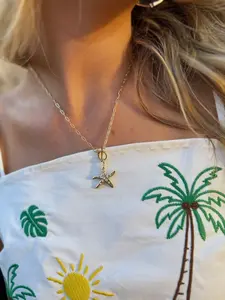 Gold Starfish Toggle Necklace 18K Gold Plated Coastal Beach Pendant with Cubic Zirconia Starfish Jewelry Paperclip Chain Statement Necklace 18" Length