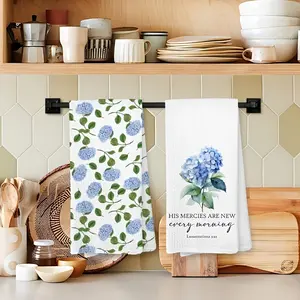 2pcs 23.6x15.7 In Cleaning Cloth Kitchen Towel Christian Hydrangea Kitchen Towel - Elegant Blue Floral Design With "Fresh Morning Gift" Bible Verse Cleaning Cloth Machine Washable Versatile Holiday Decor