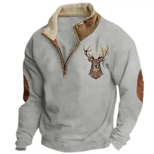 Hot New Arrival! Men's Aztec Cowboy Vintage Bull Head Print Long Sleeve 1/4 Zip Casual Sweatshirt with Pocket Collared Menswear Athletic