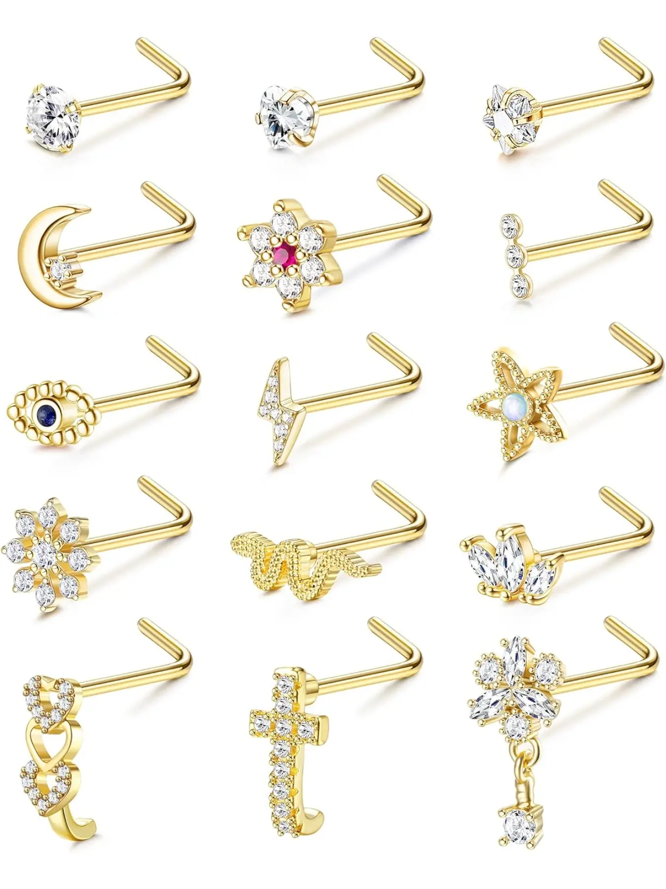15 Pcs 20G Nose Stud Nose Ring for Women Men Steel Nose Studs Piercing L/Screw Shaped Nose Stud Snake Flower Silver Gold Nose Studs Nose Piercing Jewellery Nose Piercing Jewelry