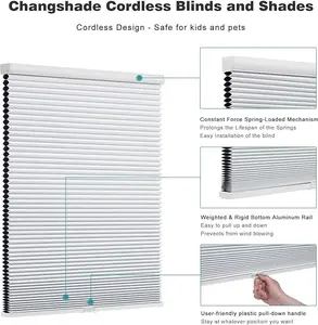 Changshade Cordless Blackout Cellular Shade, Honeycomb Shade with The Diameter of 1.5 inch Honeycombs, Room Darkening Pleated Window Shade for Bedroom, Children Room, 33 inches Wide, White CEL33WT72C