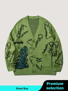 Men's Cartoon Dinosaur Print Pocket Button Front Cardigan, Loose Casual Drop Shoulder Long Sleeve V Neck Knitwear for Spring & Fall, Fashion Men's Knit Clothing for Daily Wear, Cartoon Print Sweater
