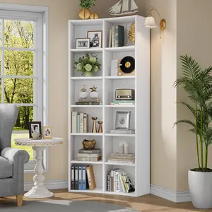 71" Curved Bookshelf with Storage Cabinet, Triple Wide 6-Tier Bookcase with 18 Open Shelves, White