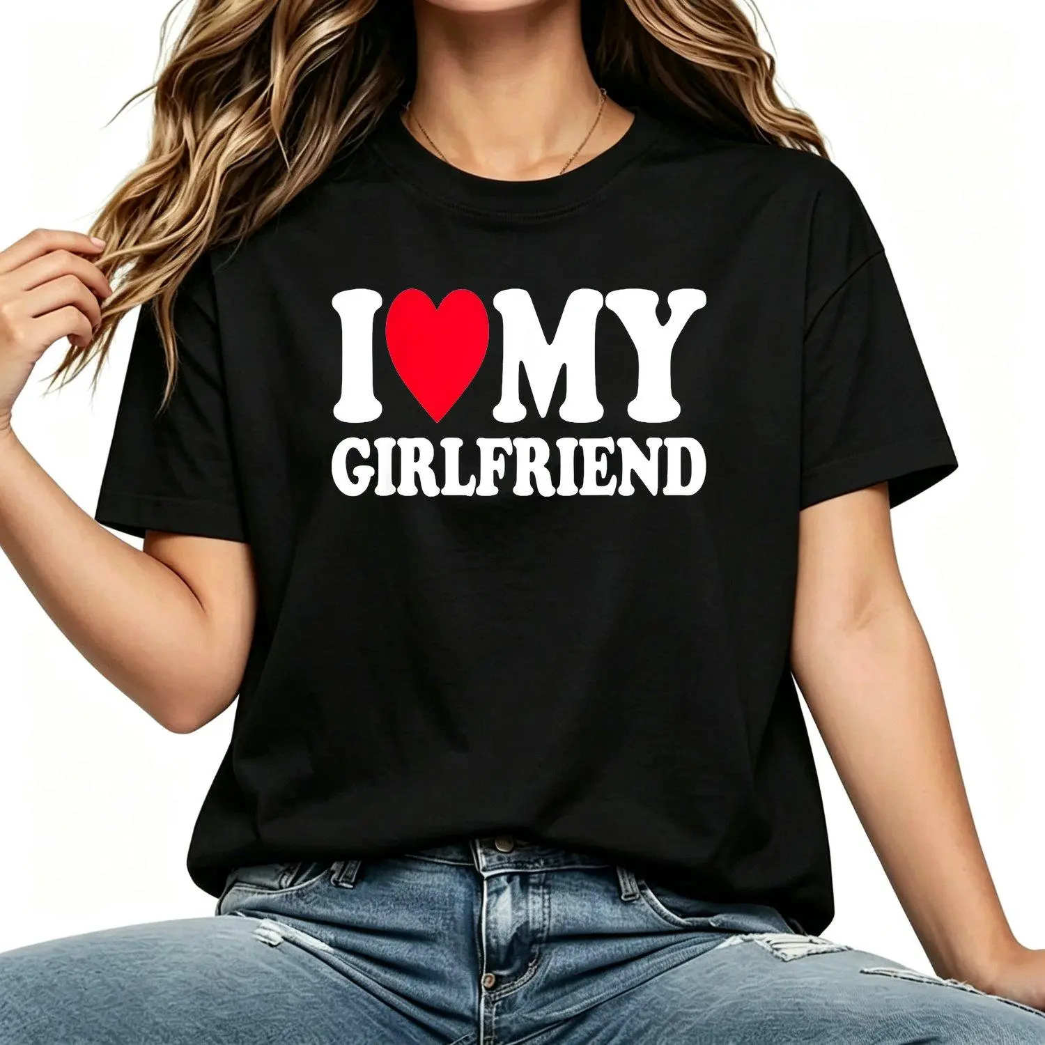 Women's "I Love My Girlfriend" Graphic Crew Neck T-Shirt - Bo, Romantic Gift, GF Gift, Casual Tee, Vintage Soft Fit Everyday Wear Statement Top, Graphic Print