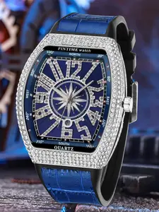 Men's Business Quartz Watch, Barrel Shape Starry Strap, Yacht Diamond Vintage Large Dial, Waterproof Stone Watch, 1pc