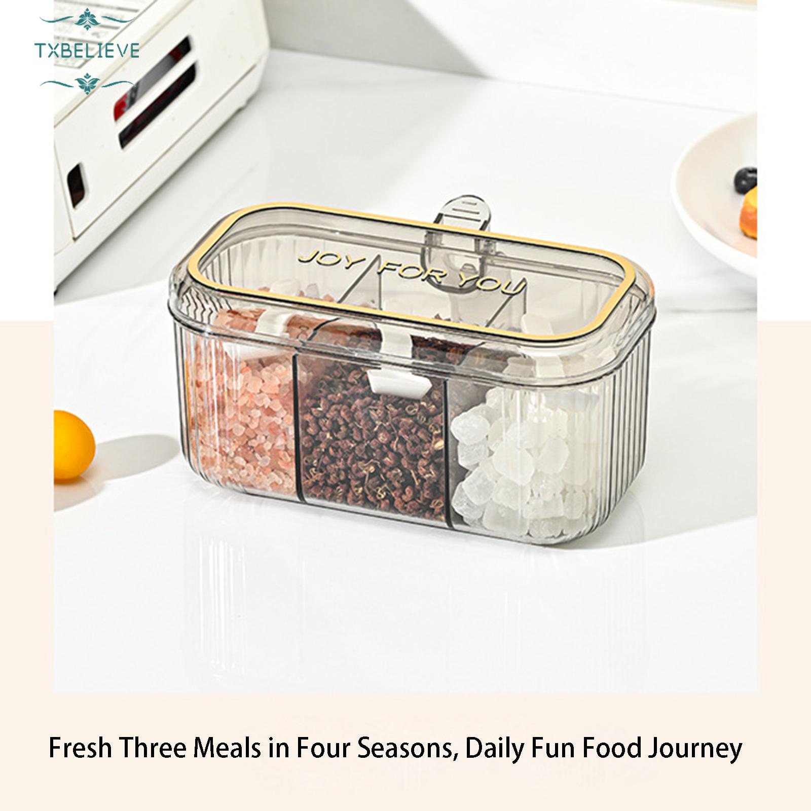 Kitchen 3-Compartment Seasoning Box with Lid — Simple & Fresh Home-Use Divided Container for Salt, MSG, Chicken Essence, and Spices
