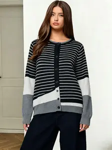 Women’s color-block striped knit cardigan with button front, crew neck, long sleeves; black/white/gray patchwork stripes, loose casual sweater