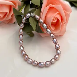 Real Pearl Bracelet Elastic Naturally Grown Pearl Bracelet Freshwater Metalic Purple Rice Pearl 6-7mm Bead Stretchy Fashion Casual Accessory
