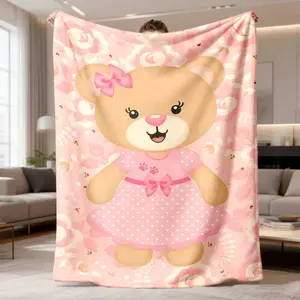 2026 New Flannel Blanket 1Pc Cute Teddy Bear Design Flannel Blanket - Soft, Comfortable, Warm Throw With Pink Flower Pattern For Sofa, Bed, Car, Office, Camping & Travel, Ideal Birthday Or Holiday Present