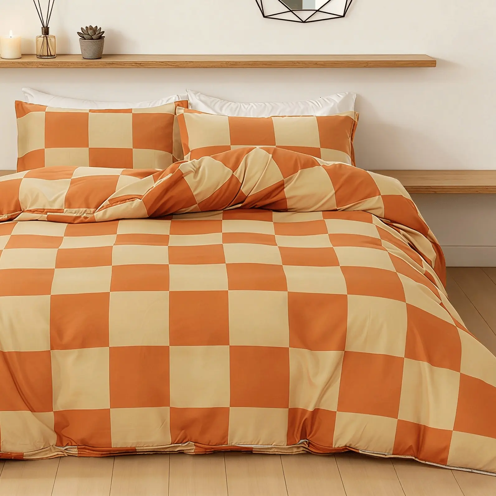 Modern Orange Check Print  3-Piece Duvet Cover Set, Pattern Duvet Cover, Checkered Bedding Set, Comfy Bedding Sets, Includes 1 Duvet Cover and 2 Pillowcases (Without Insert), Simple and Stylish, Soft and Comfortable&Easy Care, Ideal Gift.