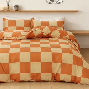 Modern Orange Check Print  3-Piece Duvet Cover Set, Checkered Bedding Set, Includes 1 Duvet Cover and 2 Pillowcases (Without Insert), Simple and Stylish, Soft and Comfortable&Easy Care, Ideal Gift.