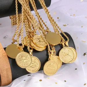 18K Gold Plated 12 Zodiac Signs Pendant Constellation Necklace Personalized Coin Cameo Pendant Necklace for Women/Men Lucky Jewelry