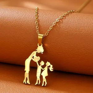 18K Gold Plated Stainless Steel Mom Daughter Son Family Necklace with Silver Color Pendant for Women Mother's Day Gift