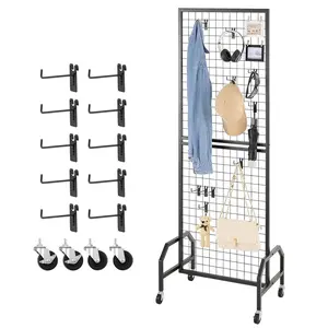 VEVOR Grid Wall Panel, 1.9 x 5.4 ft Wire Grid Panels Display Rack, Movable Art Display Shelf with Wheels and 10 Hooks, Black Carbon Steel Gridwall for Craft Show, Decoration, Storage, Notice Board