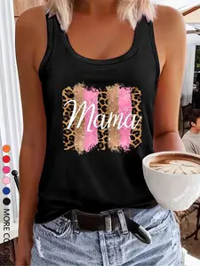 Women's Leopard Print Letter Mama Tank Top, Casual Sleeveless Top for Daily Wear, Ladies Clothes for All Seasons, Womenswear