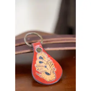 Crimson Bloom Tooled Leather Keychain
