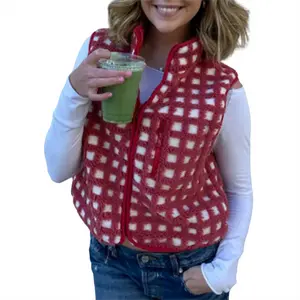 Womens Checkered Sherpa Vest Sleeveless Winter Fleece Jacket High Neck Zip Up Plaid Gilet with Chest Pocket