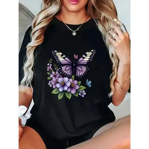 1 PCS Graphic T Shirt for Women Short Sleeve Summer Tops Funny Letter Printed Loose Casual Crew Neck Tees Summer Tops Butterfly Floral Design With Purple Flowers Womens Summer Short Sleeve Shirts Beach Vacation Cutton