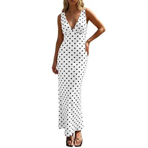 Wenrine Women's Breathable Soft Comfortable Polka Dot Knit Fitted V-Neck Sleeveless Bodycon Maxi Dress - Formal Party, Dress for Wedding Guest