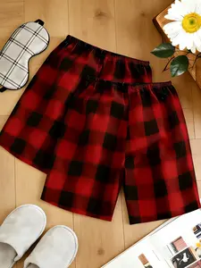 Red Black Plaid Lounge Shorts for Women Men, Soft Breathable Fabric Casual Shorts, Cozy Unisex Home Sleepwear Daily Outfit