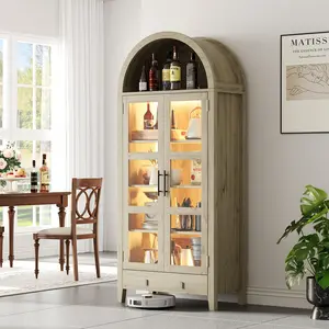 Garvee 71" Tall Arched Kitchen Pantry Cabinet with LED Lights,Wood Arched Bookshelf with Adjustable Shelves,Acrylic Side Panels,Elegant Display Cabinet for Kitchen,Dining Room