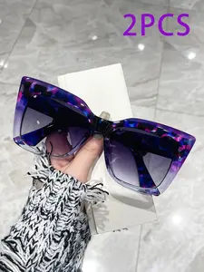 2PCS purple floral sun glasses, women's cat eye butterfly large frame purple gradient sunglasses, UV400 ultraviolet protection
