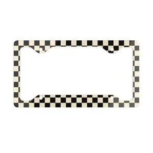 Grunge Checkerboard License Plate Frame - Retro Off-White & Black Car Decor License Plate Frame Accessories.