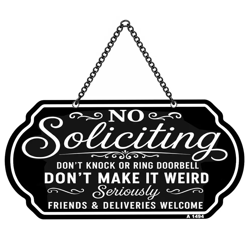 No Soliciting Sign for House 10×5 Inch Heavy Duty Aluminum Door Sign with Chain Don't Knock or Ring Doorbell Friends & Deliveries Welcome Weatherproof Hanging Sign for Front Door Porch Home Office